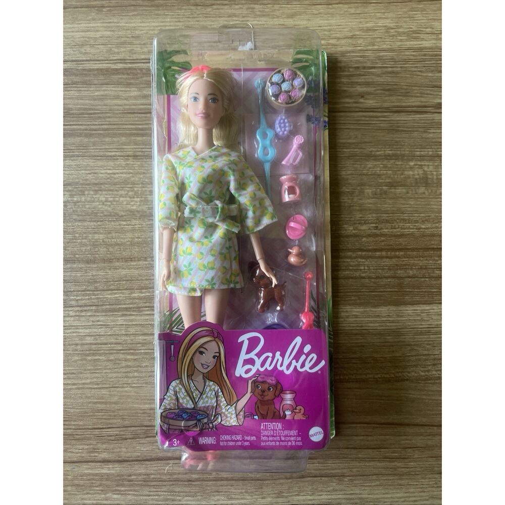 Barbie Posable Doll, Blonde Spa Day In Bathrobe With Puppy & Accessories